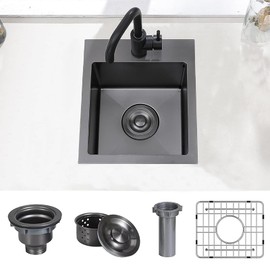 Hotis Drop in Black Bar Sink, 13x15 Inch Topmount RV Small Gun Black Kitchen Sink, Handmade Stainless Steel Wet Bar Sinks, Outdoor Single Bowl with Dish Grid & Drain