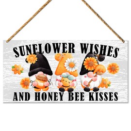 Hello Summer Sign Decor for Front Door, Sunflower Wishes & Honey Bee Kisses, Summer Gnome Sign for Home Porch Decor Kitchen Dining Room Wall Art Summer Decoration for Home Office Bedroom Outdoor