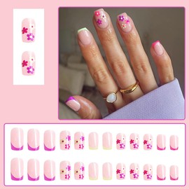 French Tip Press on Nails Short Flower Fake Nails Square Shape False Nails Spring Floral Acrylic Nails Stick on Nails Nude Pink Purple Press on False Nails Decorate for Girls 24 Pcs