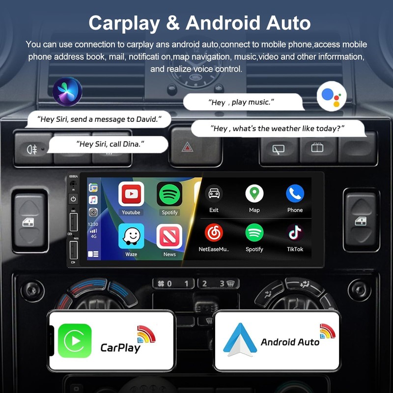 Single Din Car Stereo with Carplay and Android Auto -