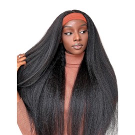 OQ Hair Headband Wig Human Hair Kinky Straight 180% Density None Lace No Gel Half Wigs for Black Women Human Hair Natural Color (18 Inch)