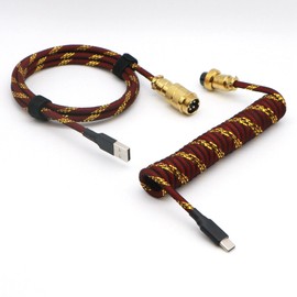 KCSJXF Reverse Coiled Type-C Cable for Gaming Keyboard, Double-Sleeved Mechanical Keyboard Cable with Gold Metal GX16 Aviator, 1.5M USB-C to USB-A (Gold Red)