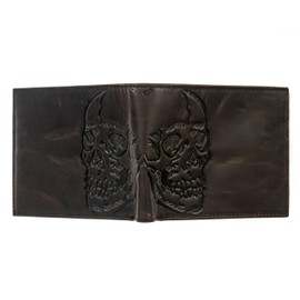 Herblandia Double Skull Bifold Wallet for Men, Extra Capacity Two ID Windows, Full Grain Leather, Multi Card Capacity, Double Skull Men's Wallet Color Dark Chestnut