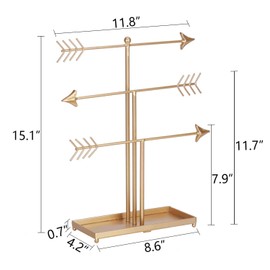 Yamfurvo 3 Tier Gold Metal Jewelry Organizer Tower, Jewelry Display Stand, Decorative Arrow T-bar Jewelry Holder for Necklace, Earring, Bracelet, Watch, Gold