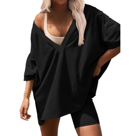 Ekouaer Womens 2 Piece Lounge Set 2025 Summer Outfits Oversized V Neck Tshirts Biker Short Comfy Airport Loungewear Black, Large