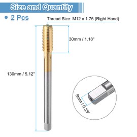 sourcing map 2pcs Straight Flute Thread Tap, M12 x 1.75 130mm Extra Long Metric Titanium Coated Screw Threading Tapping Tool Thread Milling Machine Taps, High-Speed Steel 6542 (HSS 6542)