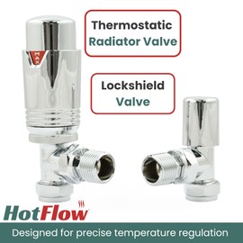 Hot Flow Chrome Estuary Angled TRV Thermostatic Radiator Valve (Pair) Includes Angled TRV Body, Wheel Head, Lock Shield. for Quick & Easy Temperature Control.