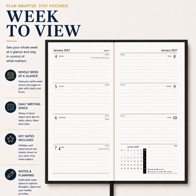 2027 Slim Wallet Diary Week To View - Compact Black