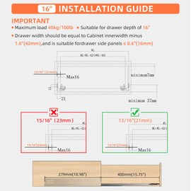 SIGOEI 10 12 14 16 18 20 22 24 Inch Bottom Mount Soft Close Drawer Slides Full Extension Concealed Rails Track 100 lb Load Capacity 1 Pair (Soft Close Without Bracket, 16 Inch (400 mm))
