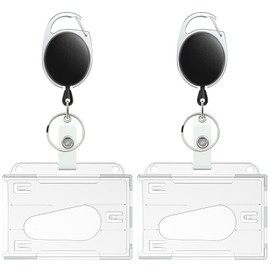 Pawfly 2 Pack Thumb-Slot Badge Holder 2-Card Horizontal Clear Plastic Case with Retractable Badge Reel Carabiner Clip Hard Card Protector for IDs Credit Cards Driver’s Licenses and Passes
