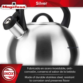 MAGEFESA Silver Stainless Steel Whistling Tea Kettle, 3.1 Qts, Satin-Polished Exterior, Drip-Free Pouring System, Suitable for All Stovetops Including Induction, Removable Lid, Teapot