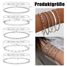 5 Stück Armband Damen Silber Armbänder, Damen Edelstahl Verstellbare Armkette Bracelet Set Silberarmband Armband Schmuck Kubanische Schlangenketten Armband Stapelbare Silber für Damen Mädchen
