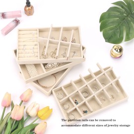 AIRZSNRY Jewelry Organizer for Drawer, Velvet Jewelry Storage Inserts, Stackable Jewelry Holder Tray for Dresser, Stacking Accessories Display for Drawers(Beige,2 Set)