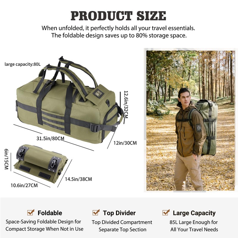 Duffle Bag Travel Luggage with Wheels: Large Rolling Backpack Foldable