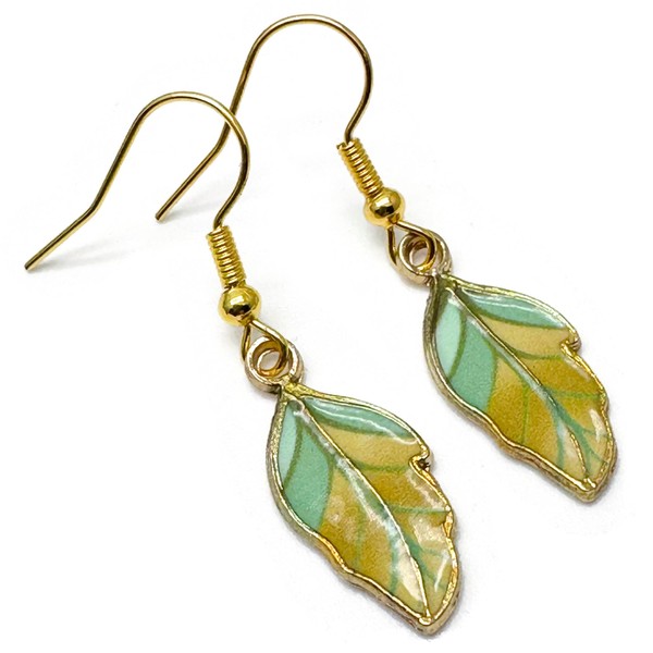 Leaf Charm Earrings, Yellow and Green Enamel Charm Beads on