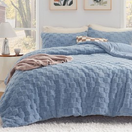 Bedsure Fluffy Queen Comforter Set, Ashley Blue Plush Fleece Bed Set, Checkered Farmhouse Boho Soft Warm Bedding for Winter, 3 Pieces, 1 Comforter (90"x90") and 2 Pillowcases (20"x26")