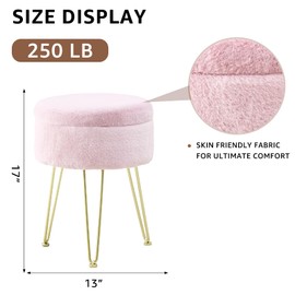 Cplxroc Vanity Stool Chair Faux Fur with Storage, Ottoman 3 Metal Legs with Anti-Slip Feet, Furry Padded Seat, Modern Multifunctional Chairs for Makeup, Bedroom (Pink)