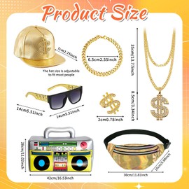 7Pcs Hip Hop Costume Kit Rapper Accessories, 80s 90s Rapper Outfit Accessories Including Cap Bag Sunglasses Gold Bracelet Dollar Sign Ring Necklace Inflatable Radio for Disco Dress Up Party