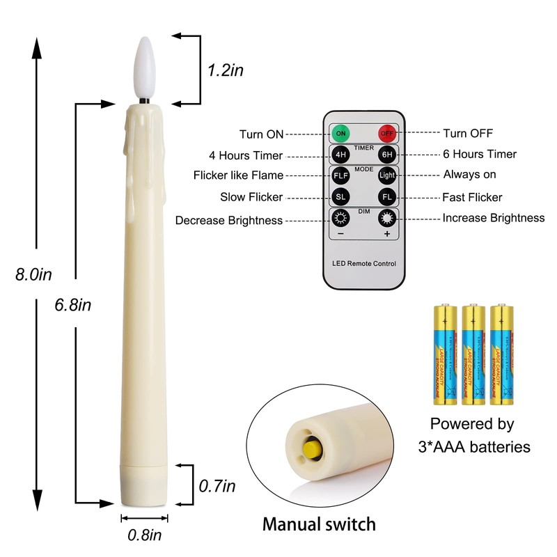 Flameless LED Taper Candles with Warm White Lights, 8 Inch