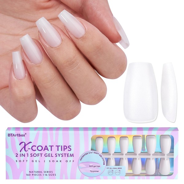 BTArtbox Ballerina Press On Nails Short Nail Tips Full Cover Nail Tips Soft Gel Nail Tips for Gel Nails, Pre-Designed Xcoat Tips White Short Artificial Fingernails for Nail Extensions