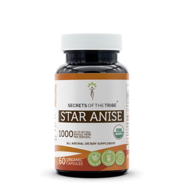 Secrets of the Tribe Star Anise 60 Capsules, 1000 mg, USDA Organic Star Anise (Illicium verum) Dried Seed (60 Capsules)