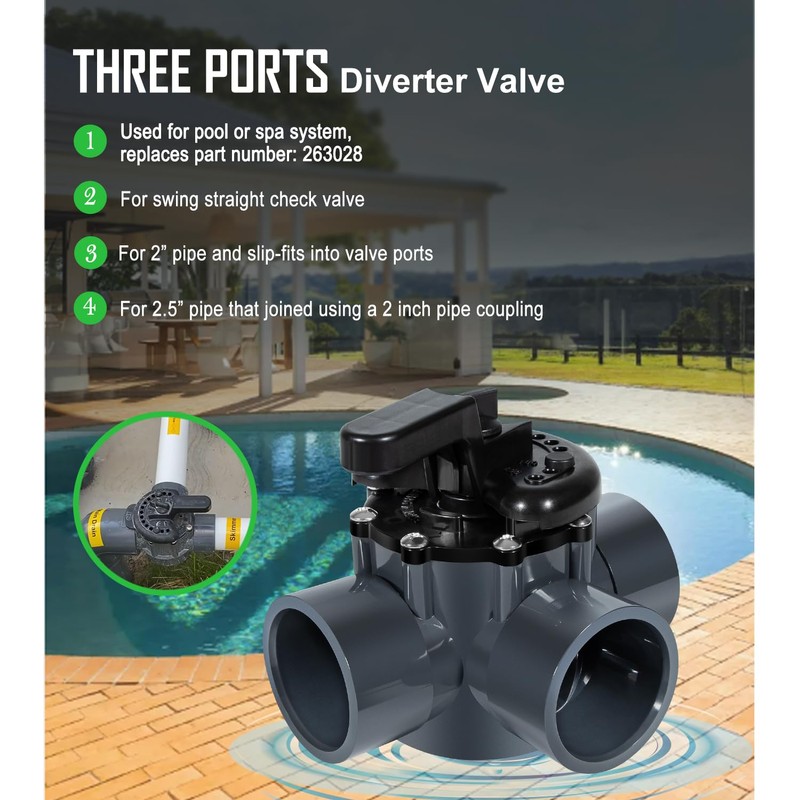 Ussuray 3 Way Pool Valve 2 Inch, Positive Non-Lube Diverter