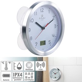 St. Leonhard Radio Wall Clock: Bathroom Radio Wall Clock with Thermal and Hygrometer, Aluminium Frame, White (Radio-Controlled Bathroom Clock, Digital Analogue)