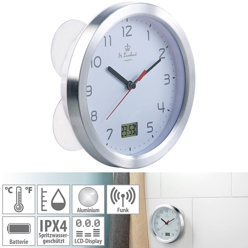 St. Leonhard Radio Wall Clock: Bathroom Radio Wall Clock with