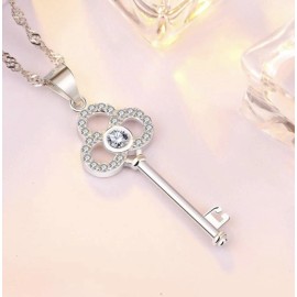 Handmade 925 Sterling Silver Key Pendant Necklace Clear Cubic Zirconia 18"