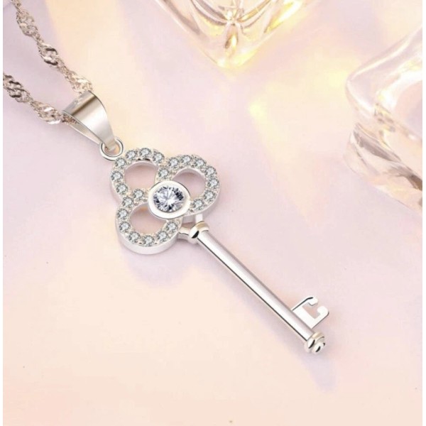 Handmade 925 Sterling Silver Key Pendant Necklace Clear Cubic Zirconia