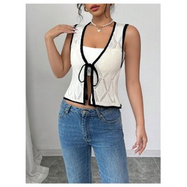 Verdusa Women's Bow Tie Knot Sweater Vest Contrast Trim Sleeveless Crop Knit Tops Beige Large