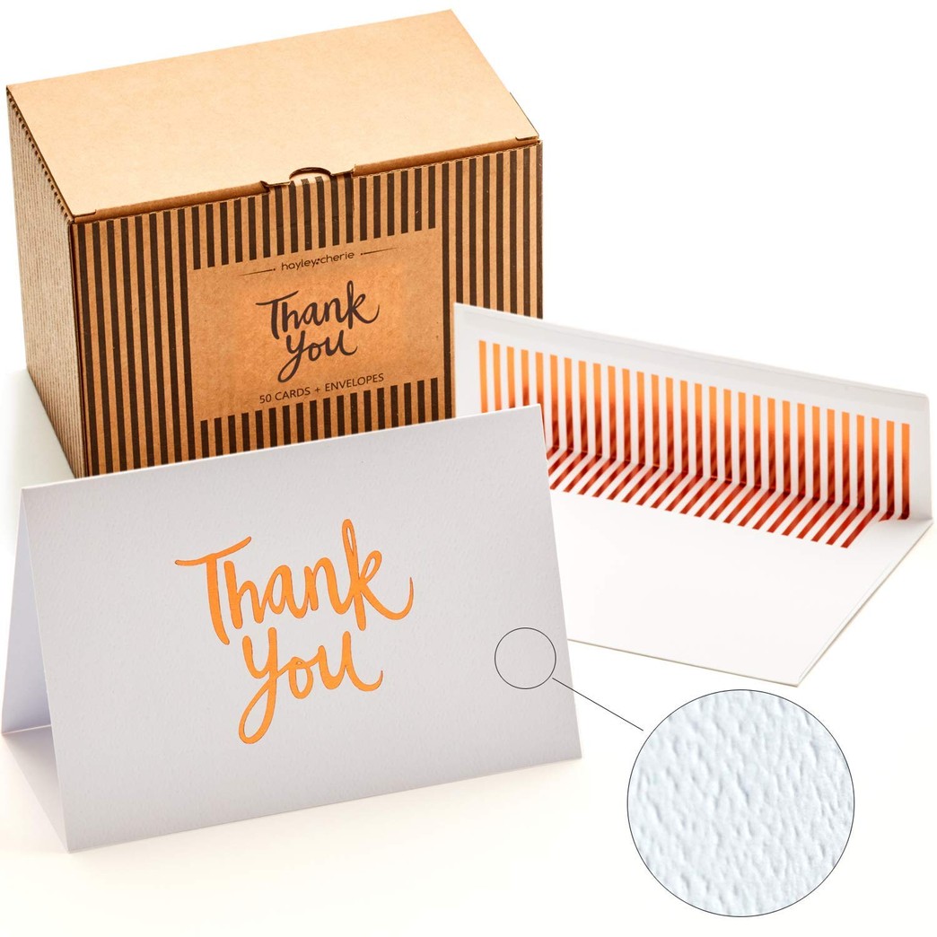 50 Luxury Thank You Cards and Self Seal Envelopes - Copper Foil Design with Matching Envelopes - Premium Heavyweight Card Stock with Hammered Texture - 4x6 Photo Size - Hayley Cherie