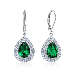 DAYBYDAY 925 Sterling Silver Emerald Dangle Earrings Pear Shaped May Birthstone Earrings Green Crystal Big Teardrop Drop Earrings for Women