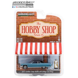 Greenlight 97130-A The Hobby Shop Series 13 - 1972 Caddy Coupe deVille with Vintage Gas Pump 1:64 Scale Diecast