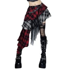 win2win Goth Plaid Mini Skirt A Line Punk Gothic Hi Low Y2k Tiered Grunge Flare Emo Asymmetrical Rave Boho Cute Ruffle Disco Layered Club Summer Buckle Strap Skirts Women, Red and Black
