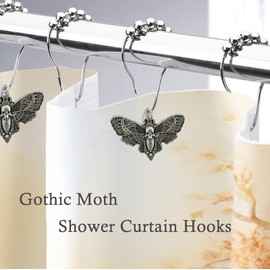 Gothic Shower Curtain Hooks, Vintage Skull Moth Decorative Shower Curtain Rings Metal Butterfly Gothic Bathroom Decor