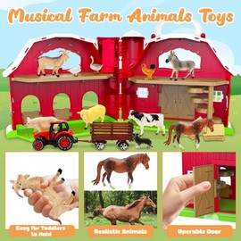 Red Barn Toys for Toddlers 1-3, Farm Animal Figures Playset with Tractor for 2 3 4 5 Year Old Kids, Musical Preschool Montessori STEM Learning Toys, Easter Christmas Birthday Gifts for Boys Girls