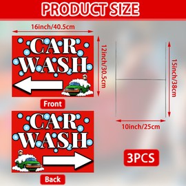 3 Pack Car Wash Yard Signs with Stakes, Double-Sided Outdoor Car Wash Signs, Corrugated Plastic Waterproof Car Wash Arrow Sign for Fundraiser Event, Business Promotion (Red)
