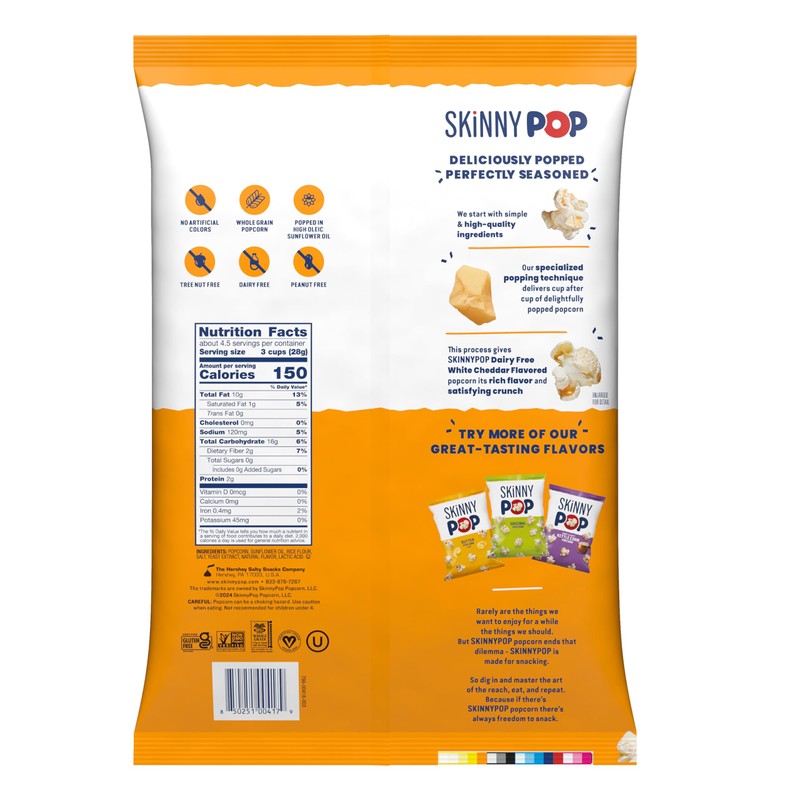 SkinnyPop Popcorn, White Cheddar, Whole Grain, Dairy-Free Snack, 4.4oz Bag