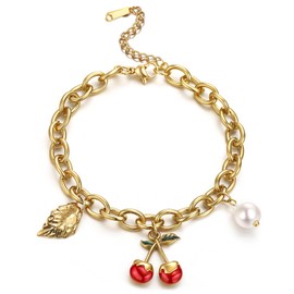 hotoo Charm Heart Chain Bracelet Dainty Cherry Pendent Bracelet For Women Trendy Link Chain Stainless Steel Lightweight Jewelry For Party Christmas Birthday Gifts