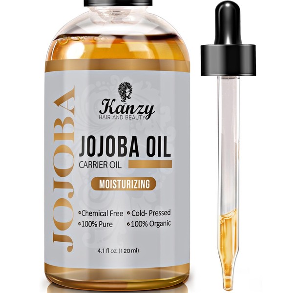 Kanzy 100% Organic Jojoba Oil for Hair, Skin, Face, Cold Pressed Hexane-free Oil, Natural Massage Oil for Hair, Intensive Body Care Oil for Cosmetics and Dry Skin - 120 ml 120 ml