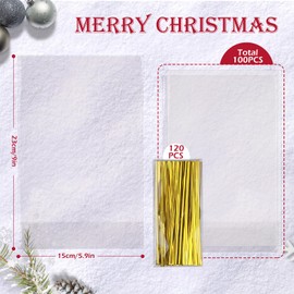 GeeRic 100PCS Candy Bags+120 Twist Ties Classic Transparent Cellophane with Polka Dots Stripes Pattern DIY Bread Toast Donuts Desserts Candy Bags for Party Celebration Store Thanksgiving Day