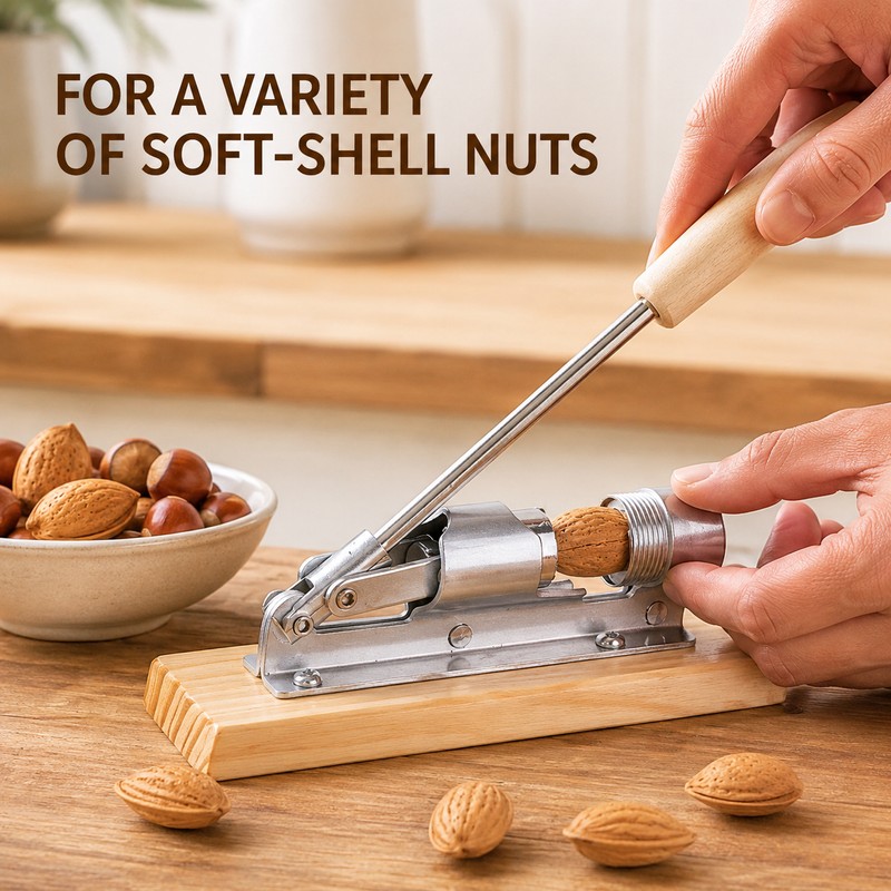 Adjustable Lever Nutcracker with Wood Base for Pecans & Walnuts