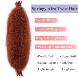 Leeven 30 Inch Springy Afro Twist Hair for Braiding Pre-fluffed Popping Spring Twist Crochet Hair for Marley Locs Twist Braiding Hair Copper Afro Kinky Marley Hair Extensions /350#