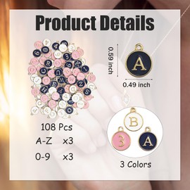 Aogigigio Letter Charms - 108pcs Charms for Jewelry Making Bracelets Necklaces, Letters A-Z Numbers 0-9 with 3 Colours(Black, White, Pink)