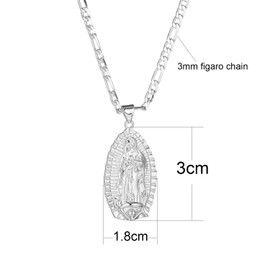 kelistom 14K Gold Plated Guadalupe Virgin Mary Oval Pendant Necklace for Women Men 3mm Flat Figaro Chain Necklace 18/22 inches, chain length:22", Copper, No Gemstone