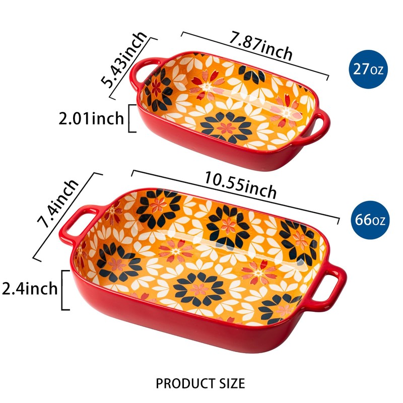 ONCCI Ceramic Baking Dish Set, 2-Piece Hand-painted Porcelain Rectangular Bakware