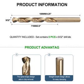 METALLIXITY Drill Bit (9/32") 5Pcs, 4241 High-Speed Steel Straight Shank Gold Finish 118° for Wood Plastic Iron Copper Aluminum Low Soft Metal