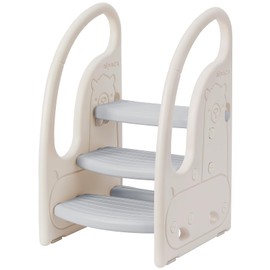 Toddler 3 Step Stool Onasti Kids Standing Tower for Toddlers Plastic Learning Helper Stool for Kitchen Counter Bathroom Sink Toilet Potty Training with Handles and Non-Slip Pads-Grey White
