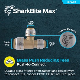 SharkBite Max 3/4 Inch x 1/2 Inch x 1/2 Inch Reducing Slip Tee, Pack of 6, Push To Connect Brass Plumbing Fitting, PEX Pipe, Copper, CPVC, PE-RT, HDPE, UR454